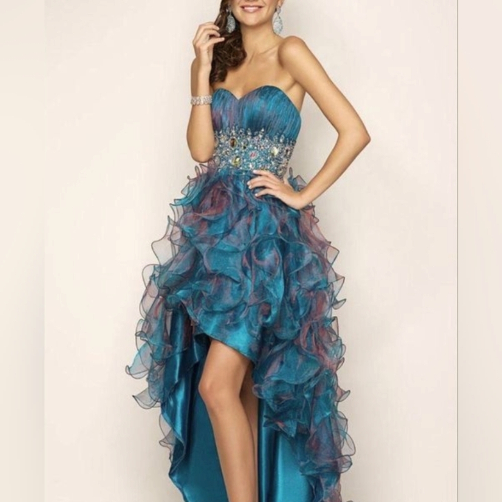 POLY USA sz Medium Jrs High Low Fancy Dress Ruffles Sweetheart Neckline Teal +